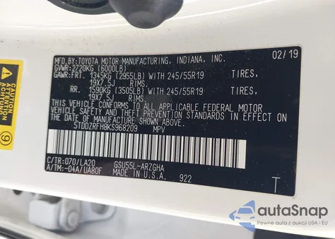 2019 Toyota Highlander Limited Platinum from USA, damaged, VIN 5TDDZRFH8KS968209